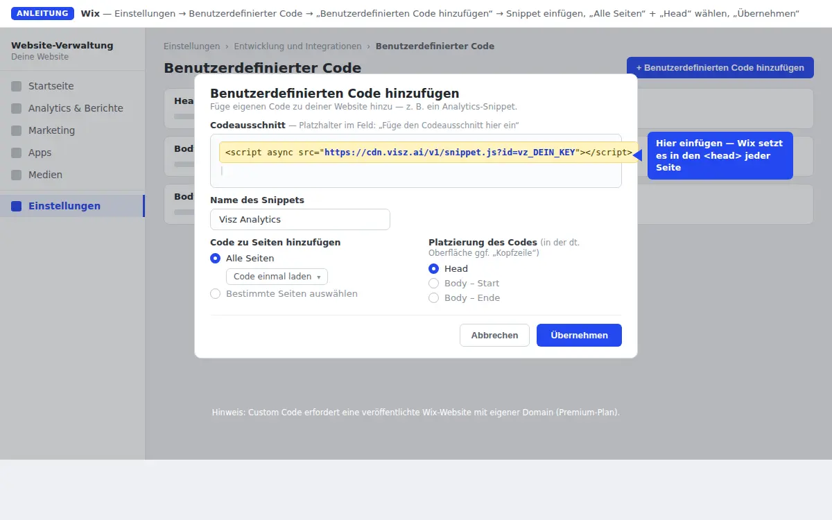 Wix: Custom Code — snippet in the "Head" section, all pages